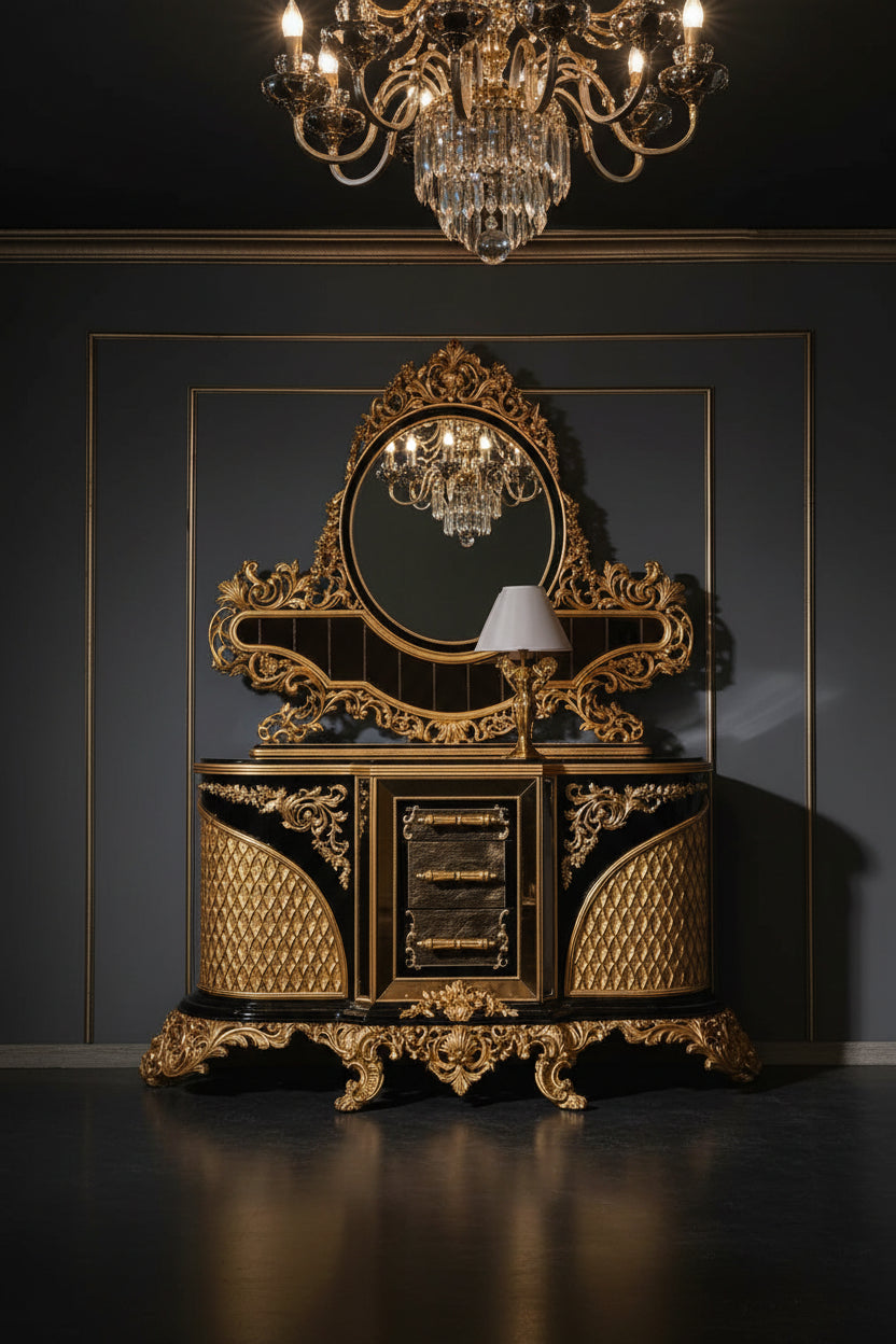 Turkish Middle East Eastern Luxury Antique Dresser on a Gray Gold Wall with a Lamp and Chandelier in Gold