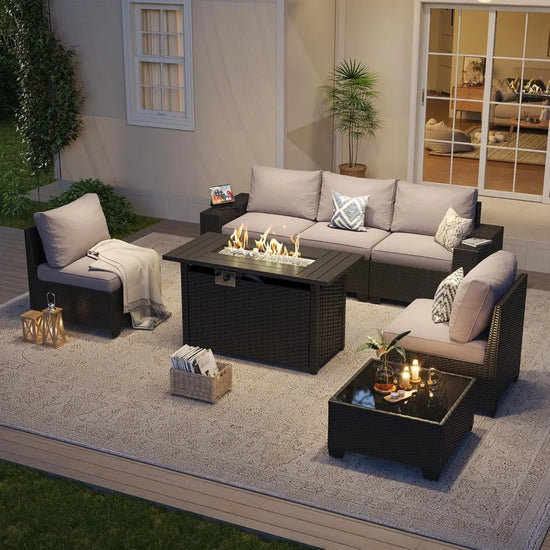 7-Piece Outdoor Patio Furniture Set with 44" Fire Pit Table | 4" Cushions | Modular | Grey Black