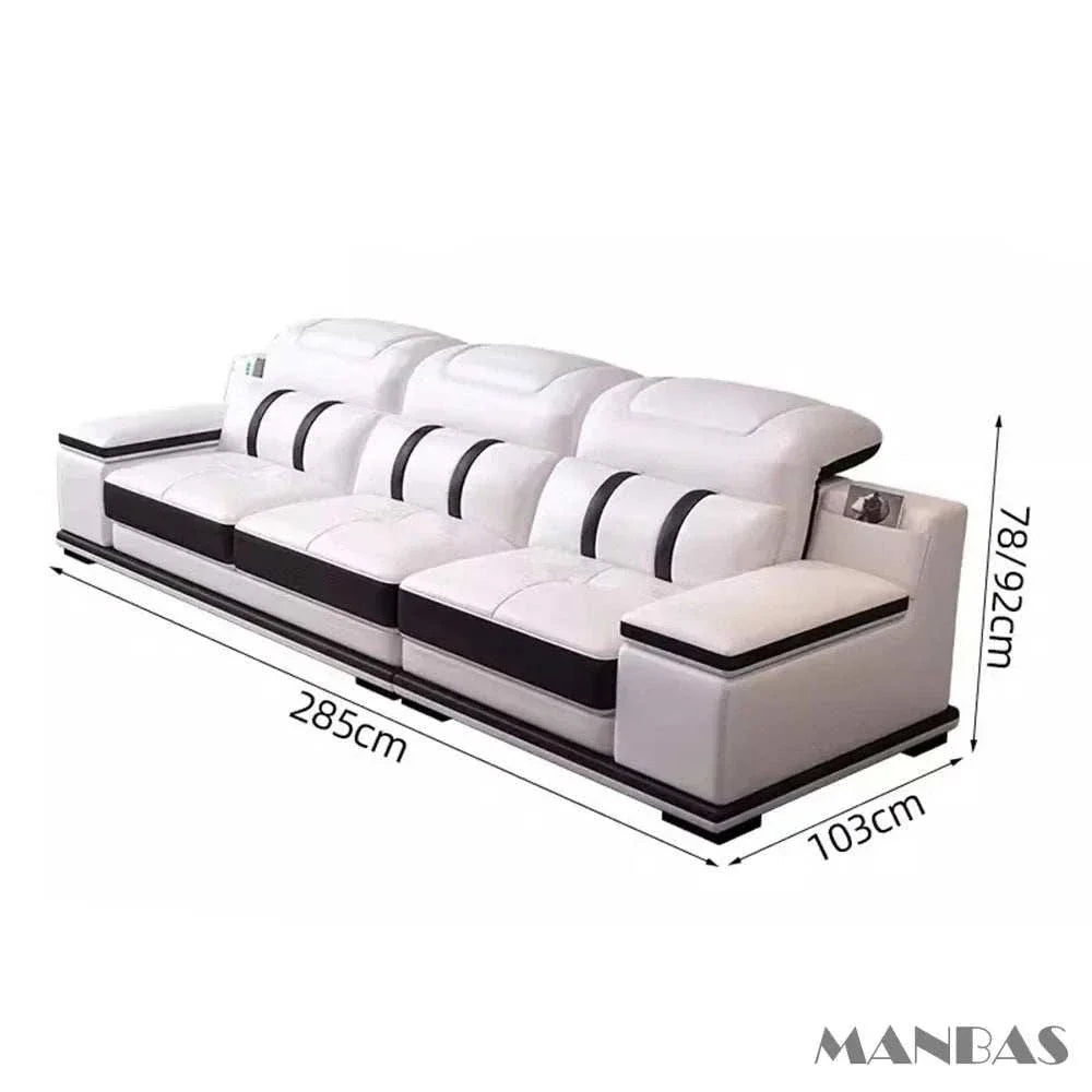 Modern genuine Italian leather sofa with Bluetooth speakers, USB ports, and adjustable headrests by MANBAS, white and black, 285cm length
