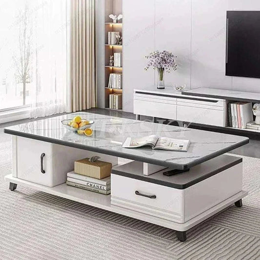 Luxury coffee table with tempered glass top and storage drawers in modern living room setting