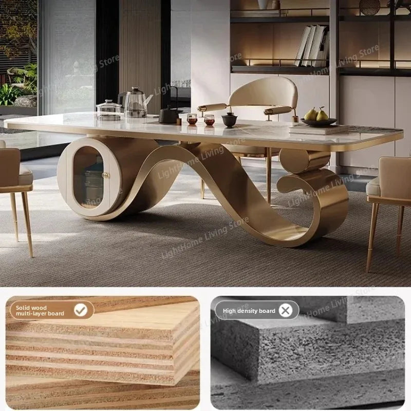 Art-Style Slate Dining Table Set | Stainless Steel Wire-Drawn Frame | 1.8m–2.4m | Table & Chairs displayed in a modern dining room.