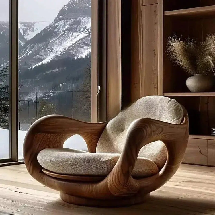 Italian minimalist recliner chair in a stylish living room with scenic mountain view.