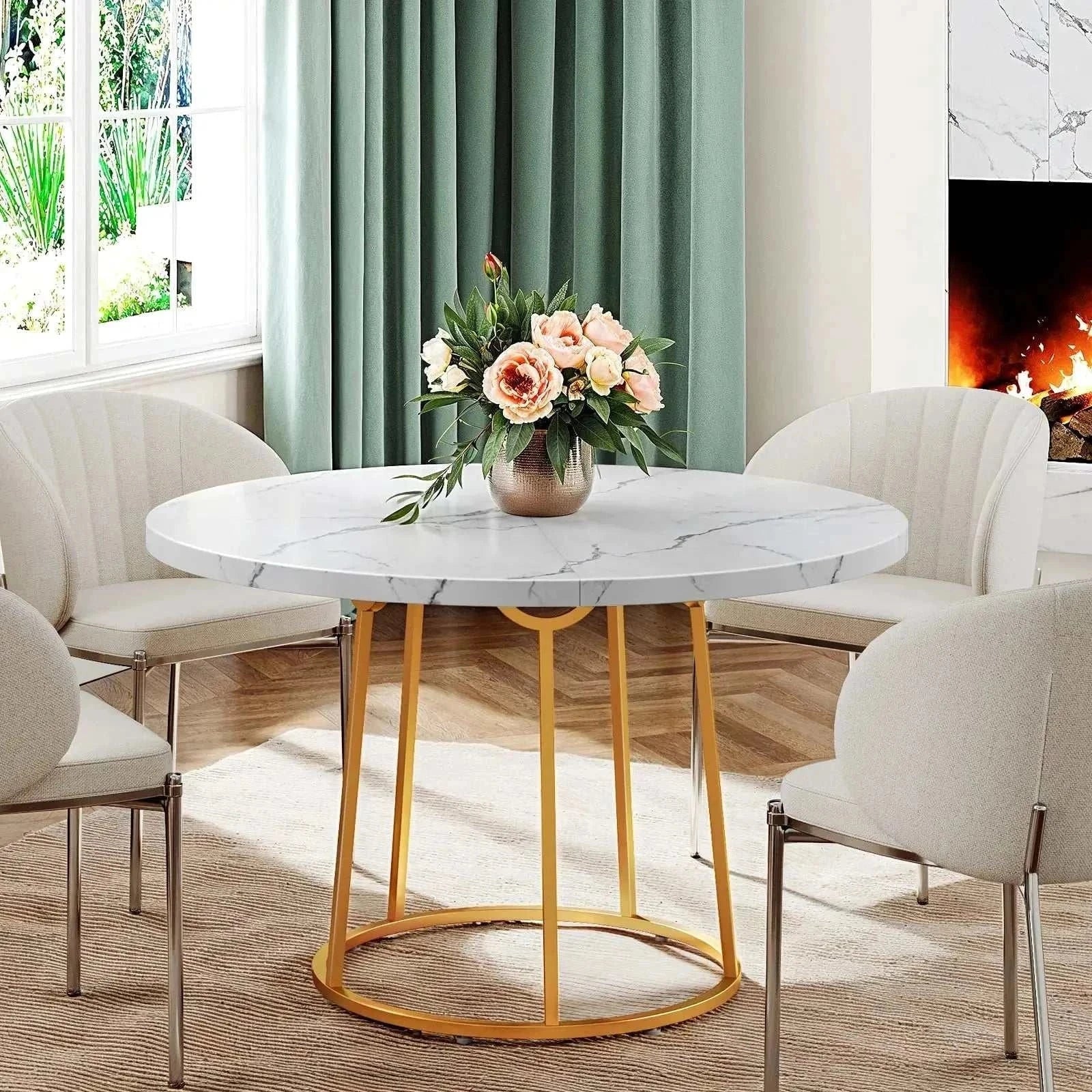 Round dining table with 47.24-inch wooden marble pattern top and gold base seating four people