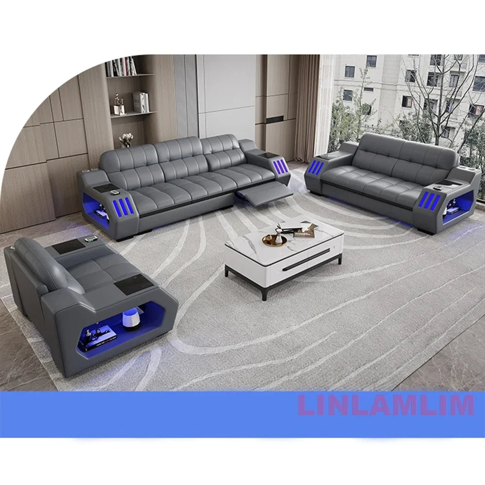 Modern Sectional Sofa Bed with LED Light, Electric Recliner and Massage