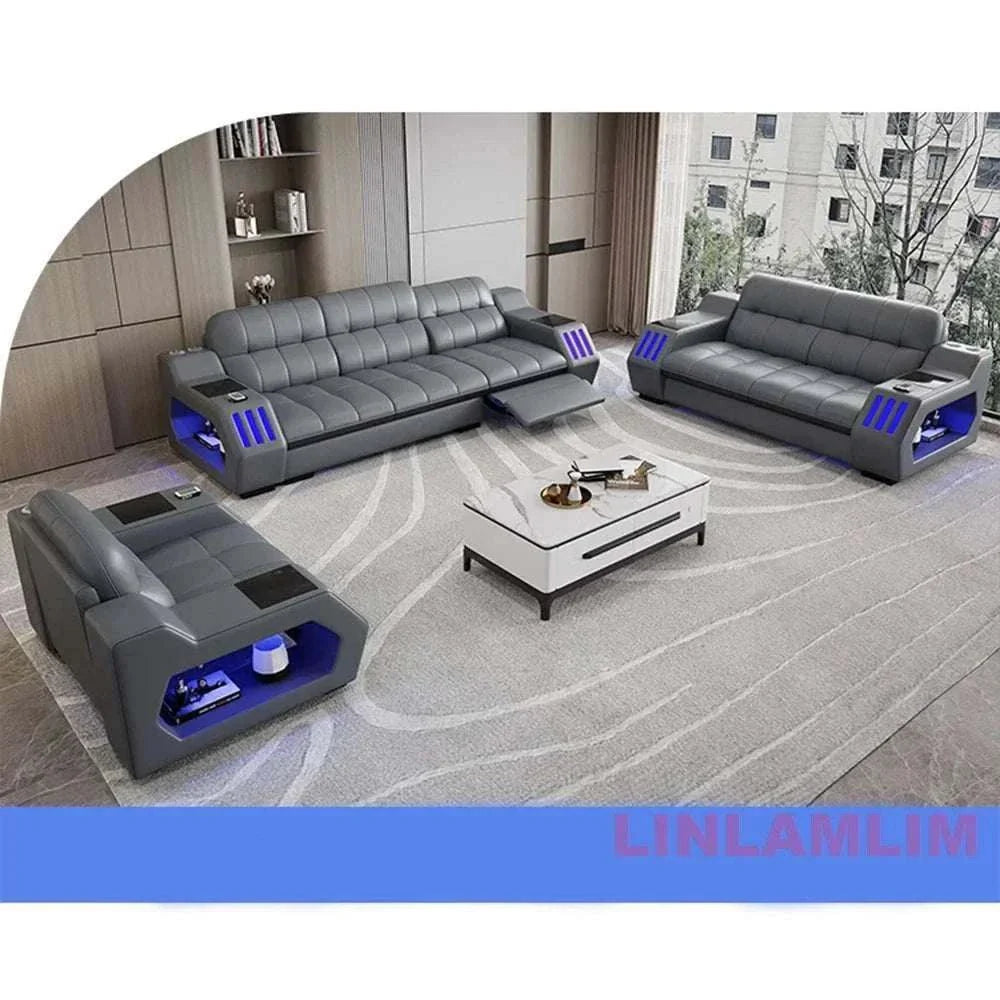 Modern sectional sofa bed with genuine leather, LED lighting, electric recliner, and massage function in a contemporary living room setting