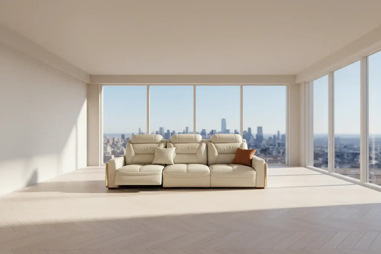 Premium Italian genuine leather sectional sofa with USB and Bluetooth in modern spacious room with skyline view.