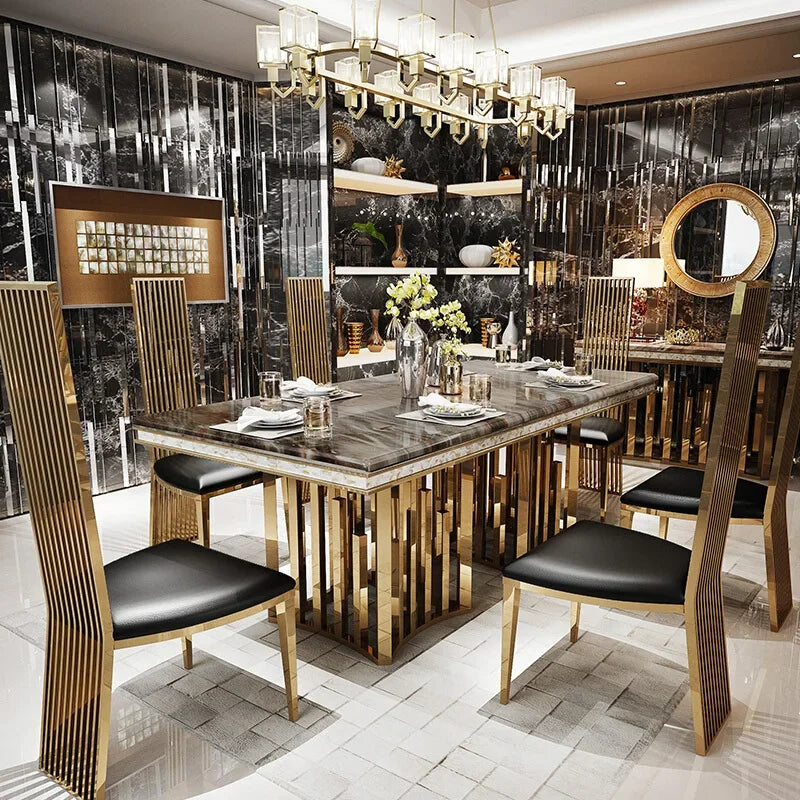 Linlamlim Luxury Marble Dining Table Set with Gold Stainless Steel Frame, Dining Room Table with Sea Shell and High-Back Chairs - view 19