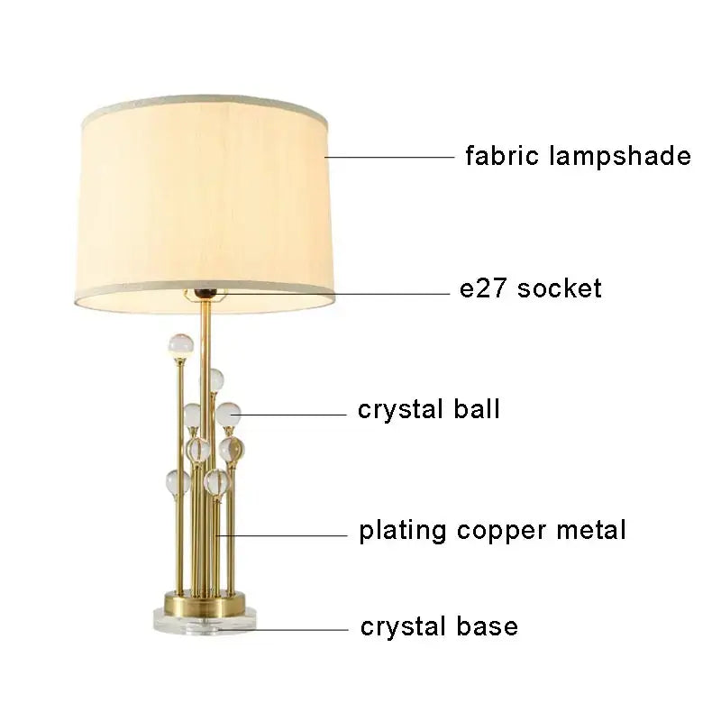 Nordic LED crystal bedside lamp features fabric lampshade, crystal base, and copper metal plating.