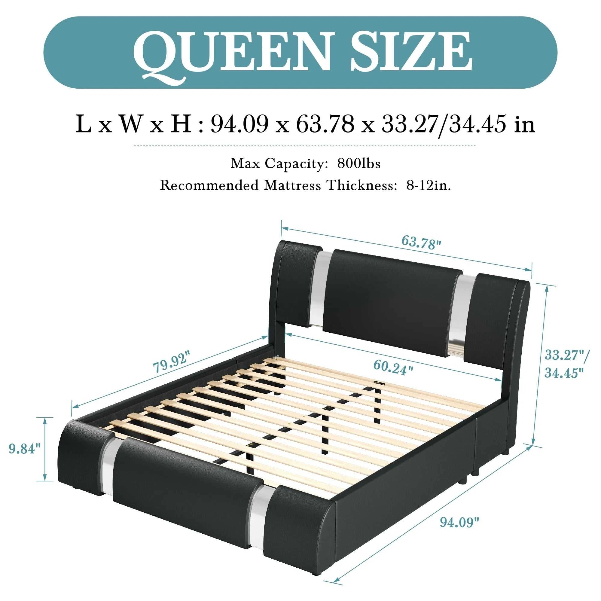 Queen size bed frame with dimensions and capacity details on a white background