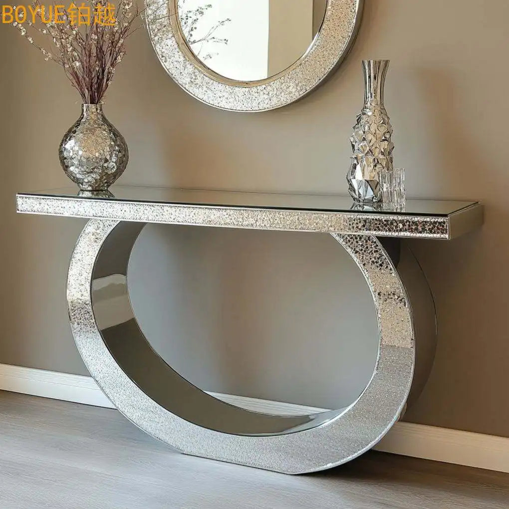 Crushed Diamond Mirror Console Table | Sculptural Arch Base | Glam Entryway Furniture - view 9