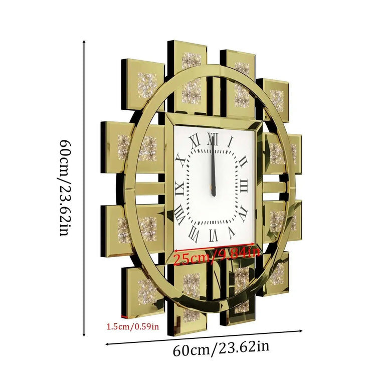 Irregular diamond mirrored wall clock with gold accents and elegant design, measuring 60cm in diameter.
