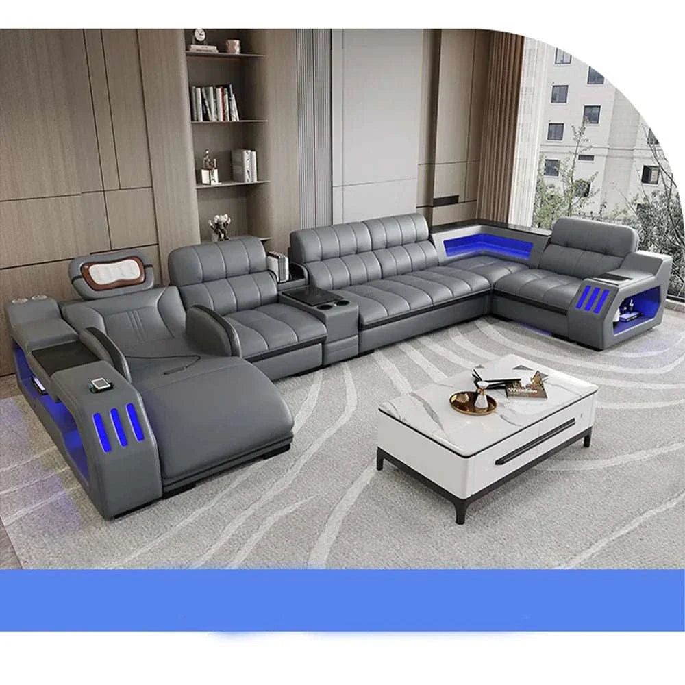 Modern sectional sofa bed in gray leather with LED lights, electric recliner, and massage features in a contemporary living room