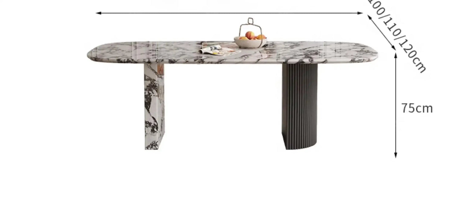 Marble-patterned dining table with dimensions on a white background