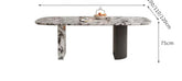 Marble-patterned dining table with dimensions on a white background