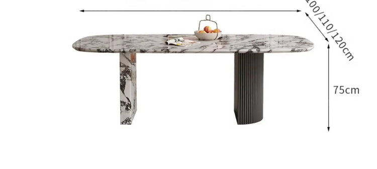 Marble-patterned dining table with dimensions on a white background