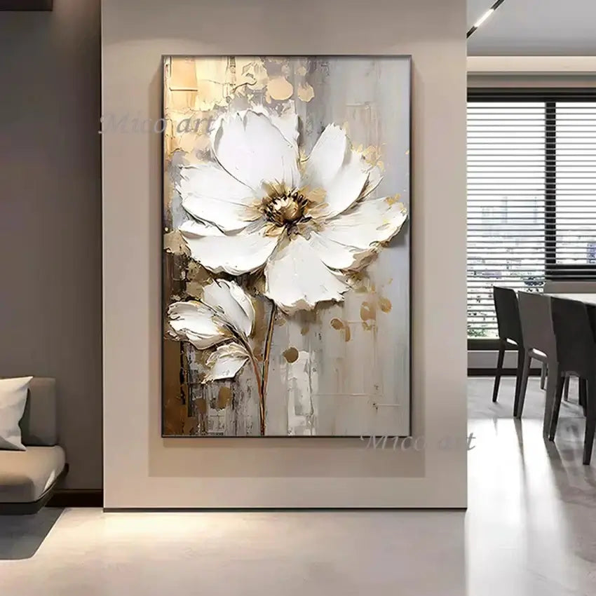 Decorative floral painting in a modern living room setting