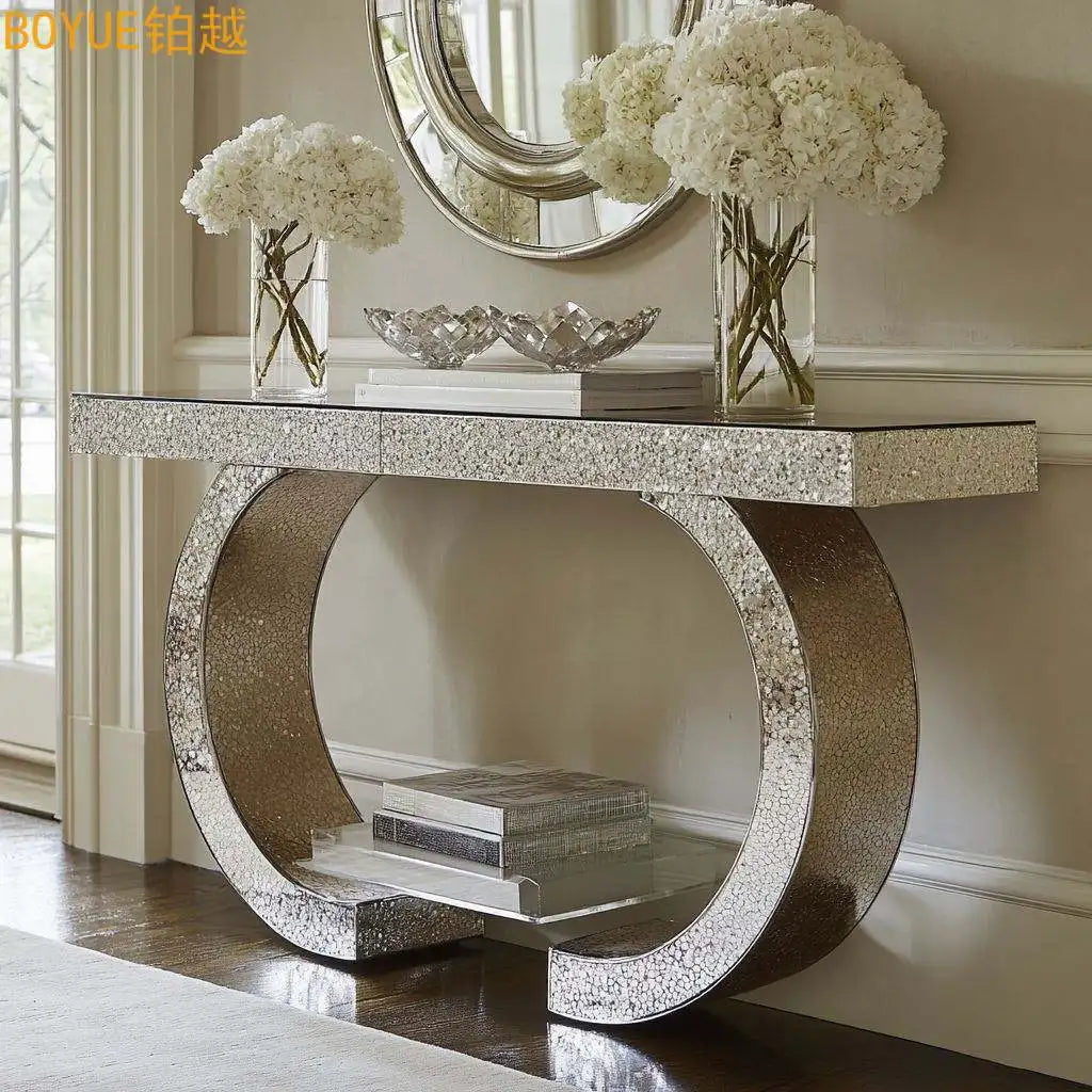 Crushed Diamond Mirror Console Table | Sculptural Arch Base | Glam Entryway Furniture - view 11