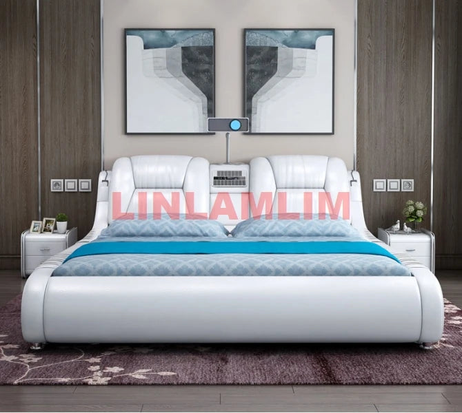 Genuine Leather Bed Multifunctional Beds Ultimate Massage Camas with Bluetooth,Speaker,Safe,Air Cleaner, Projector,Drawers