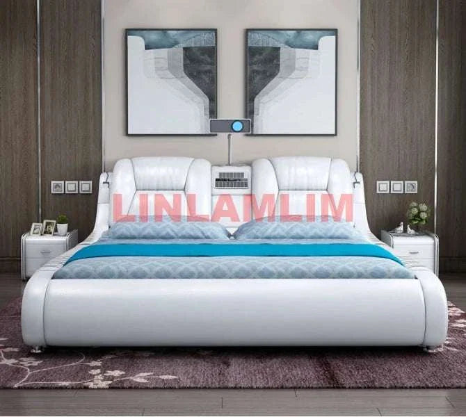 Genuine leather bed with built-in massage, Bluetooth, air cleaner, and projector in modern bedroom setting