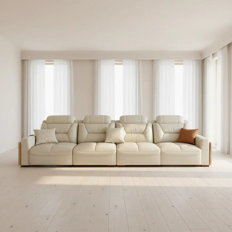 Premium Italian genuine leather sectional sofa with USB and Bluetooth in a modern living room setting.