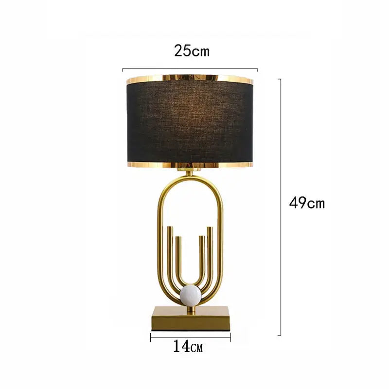 Nordic luxury bedside lamp with black shade and gold base, 49cm tall, elegant design for modern interiors.