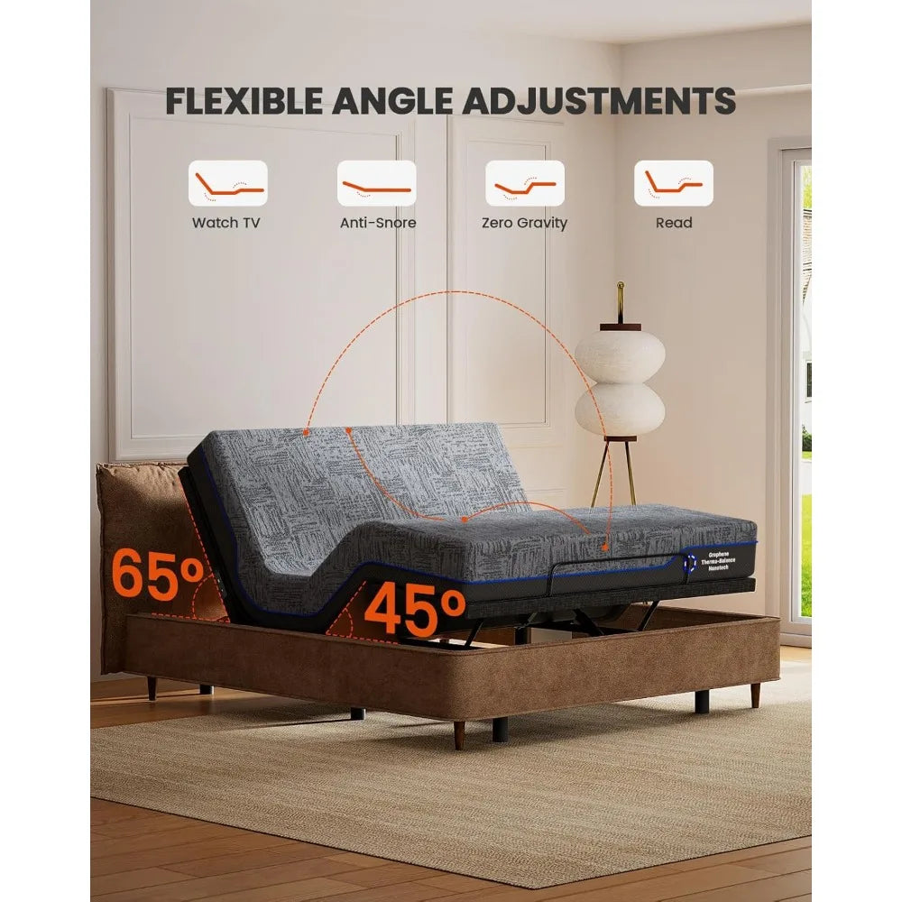 Adjustable Bed Frame with Split King Cooling Gel Memory Foam Mattress 14 Inch Medium Firm Massage Wireless Remote USB Ports