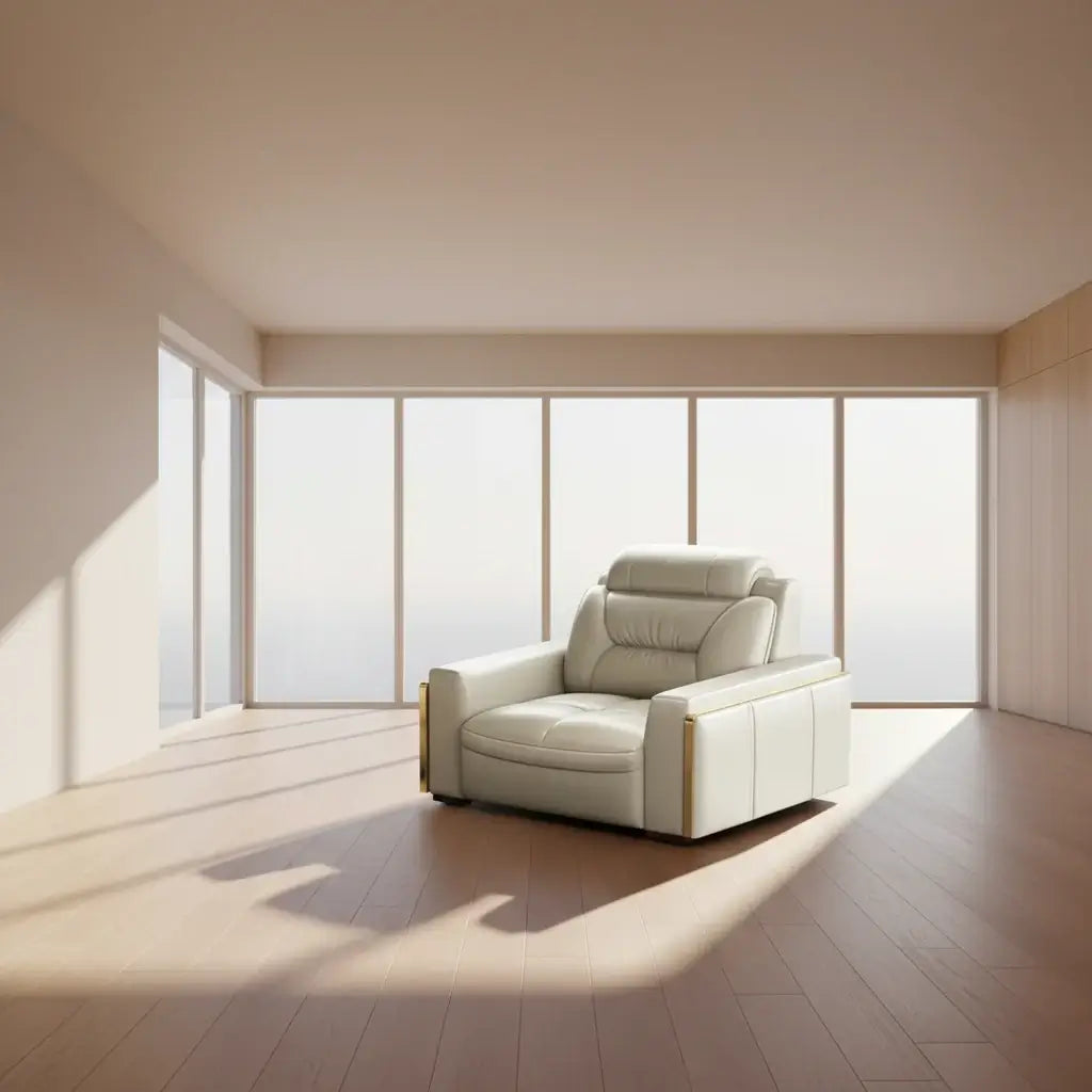 Premium Italian genuine leather sectional sofa with USB and Bluetooth in a modern living room setting.