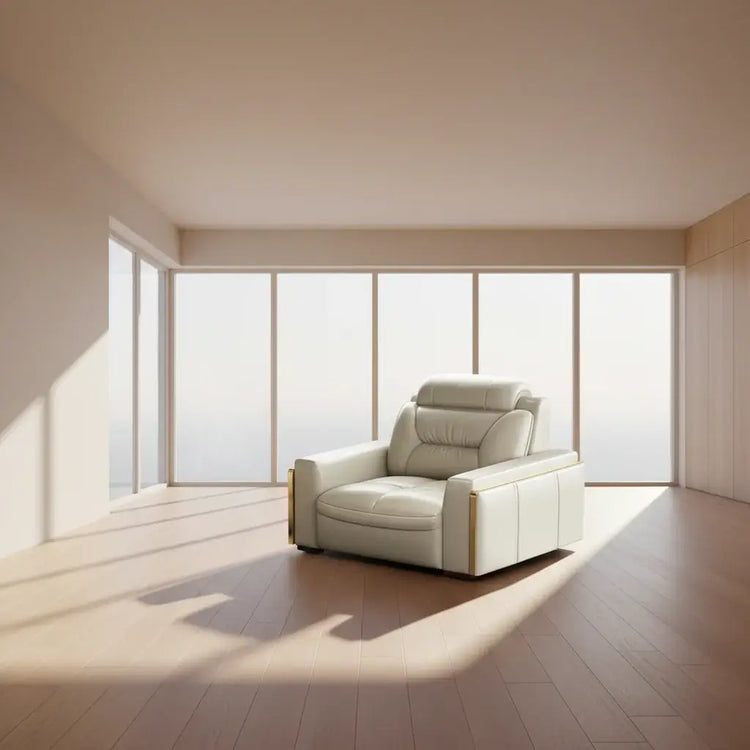 Premium Italian genuine leather sectional sofa with USB and Bluetooth in a modern living room setting.