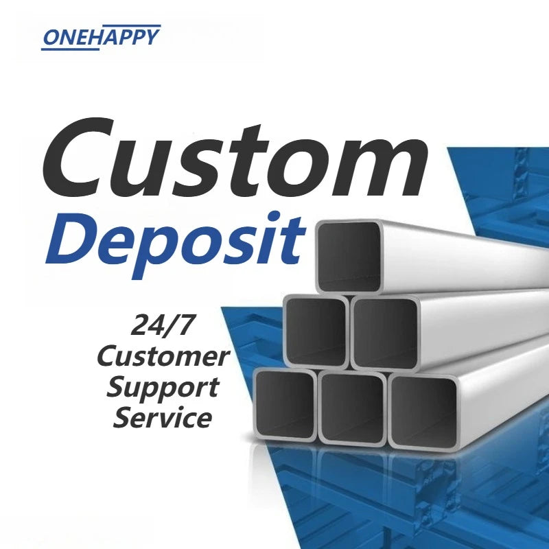 Advertisement for ONEHAPPY's Custom Deposit service with metal pipes on a blue and white background.