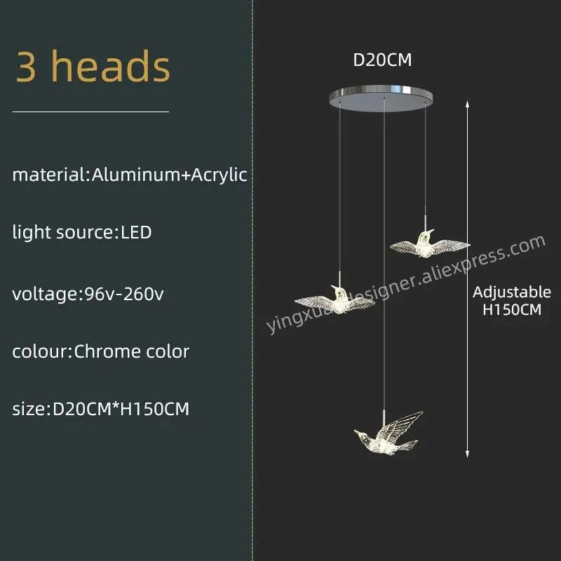 Chandelier with three bird-shaped lights on a dark background, featuring specifications on the left.