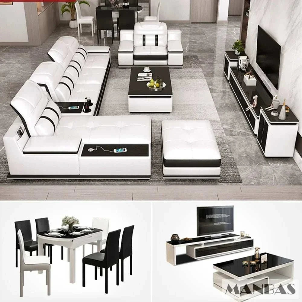 Modern genuine leather sofa with Bluetooth speakers, USB charging, and adjustable headrests in a contemporary Italian design living room setting