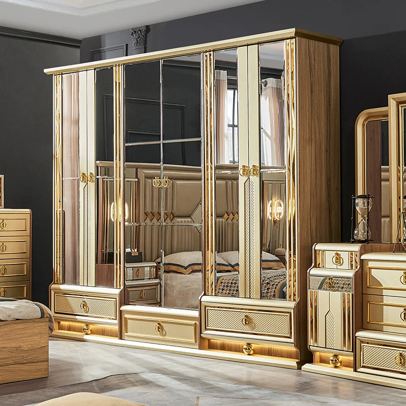 A Luxury Gold Royal Wood King Size Bed Set Villa Master Room Modern Wooden Full Queen Mdf Home Furniture Bedroom Sets - view 1