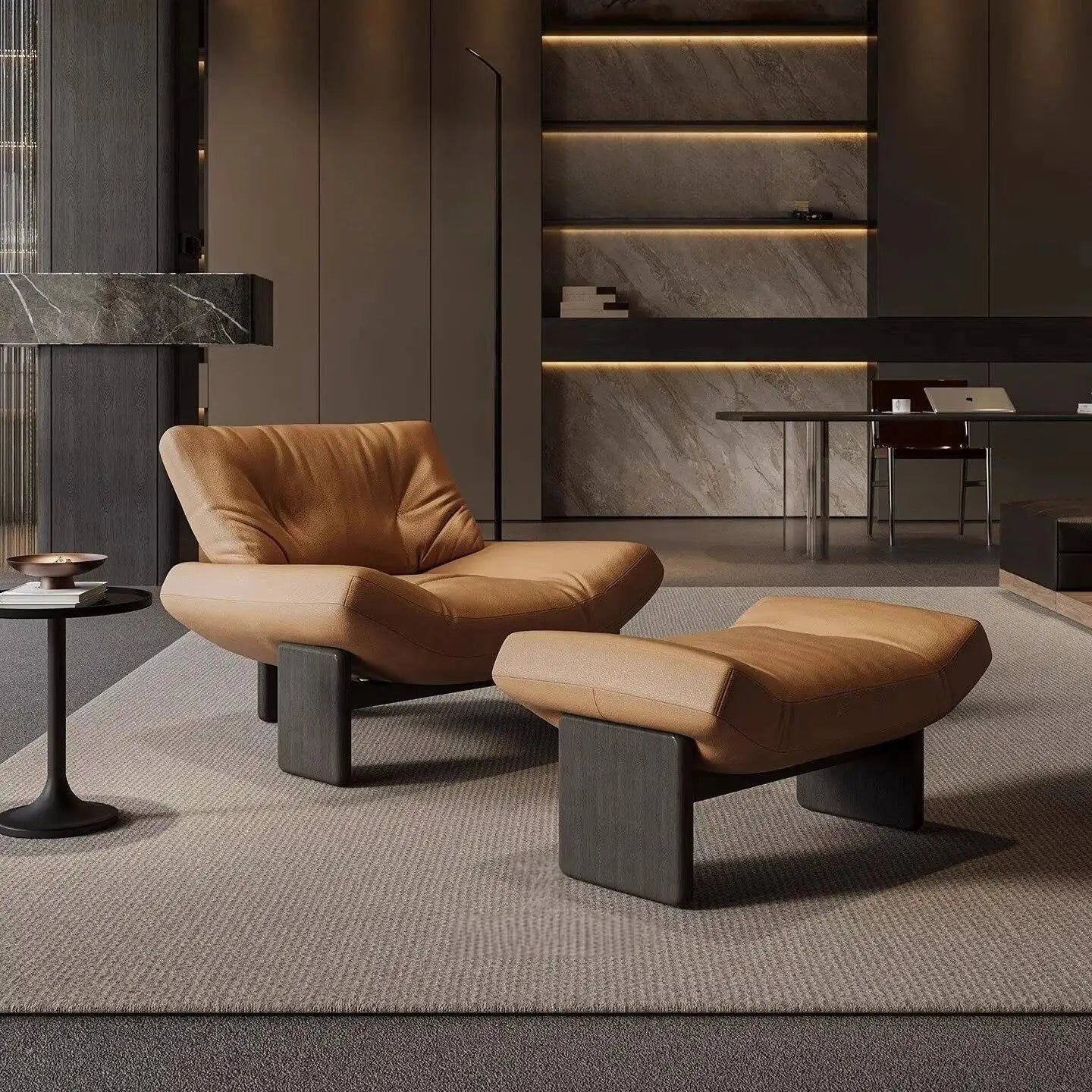 Modern brown leather lounge chair with ottoman in a stylish room.