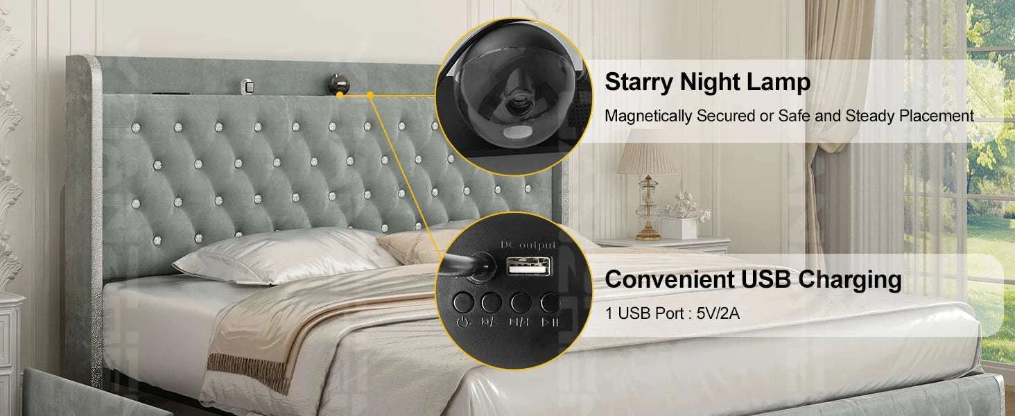 Bed with starry night lamp and USB charging feature, set against a neutral bedroom background.