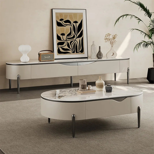 Modern living room with a white coffee table and sideboard against a beige wall.