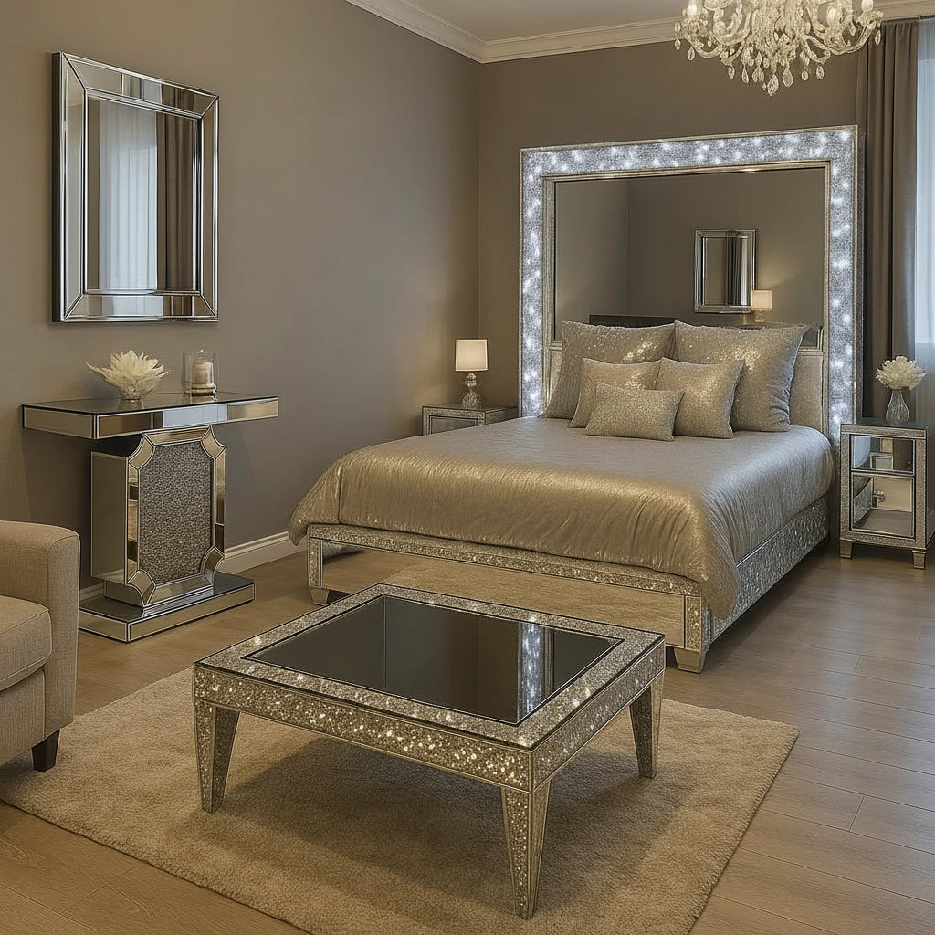 A luxury bedroom scene featuring a large rectangular mirror with a glowing LED light frame, a matching mirrored console table, a mirrored coffee table with a dark glass top, and a chandelier overhead. The room has taupe-gray walls, light wood floors, and metallic champagne bedding.