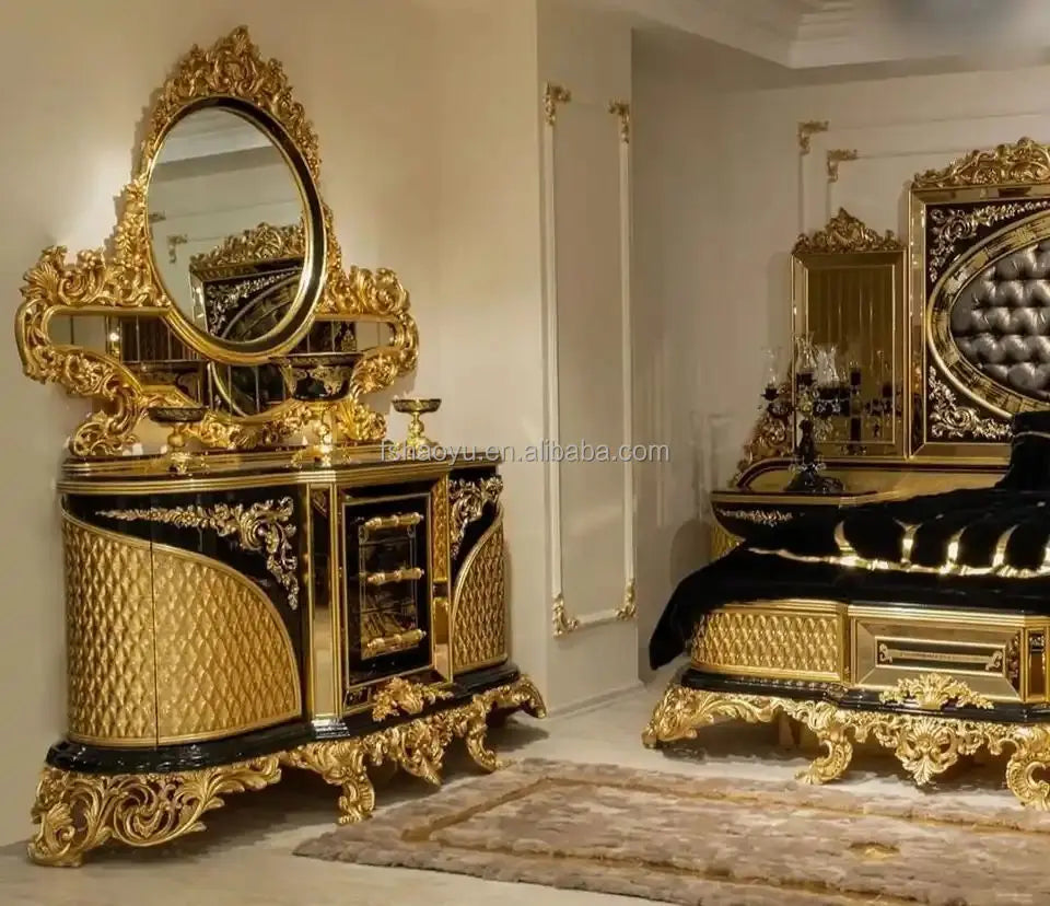 Turkish Middle East Eastern Luxury Antique Royal Hand Carved Bed Room Furniture Set Five Pieces Black Gold African American - view 5