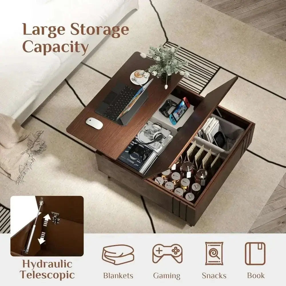 Lift Top Coffee Table with Storage showcasing large storage capacity and a sleek hydraulic telescopic design.