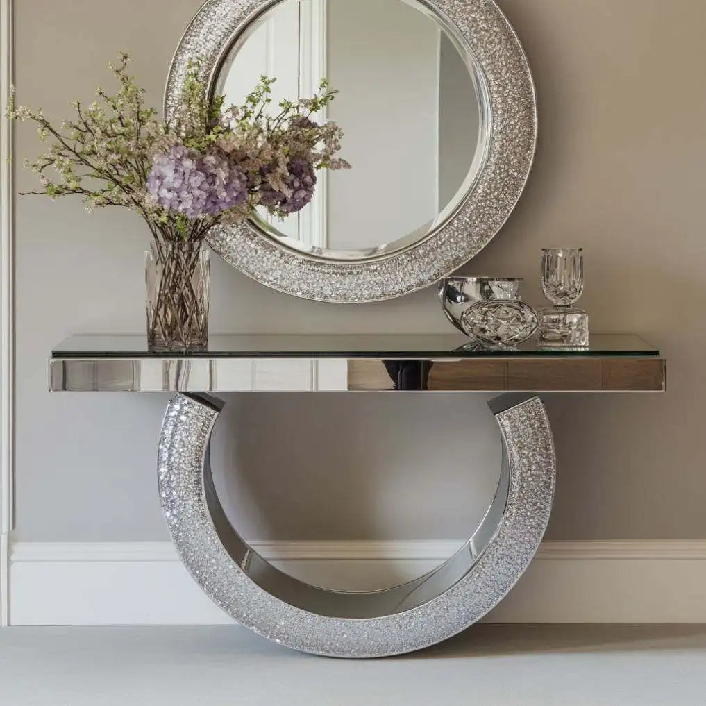 Crushed Diamond Mirror Console Table | Sculptural Arch Base | Glam Entryway Furniture - view 4