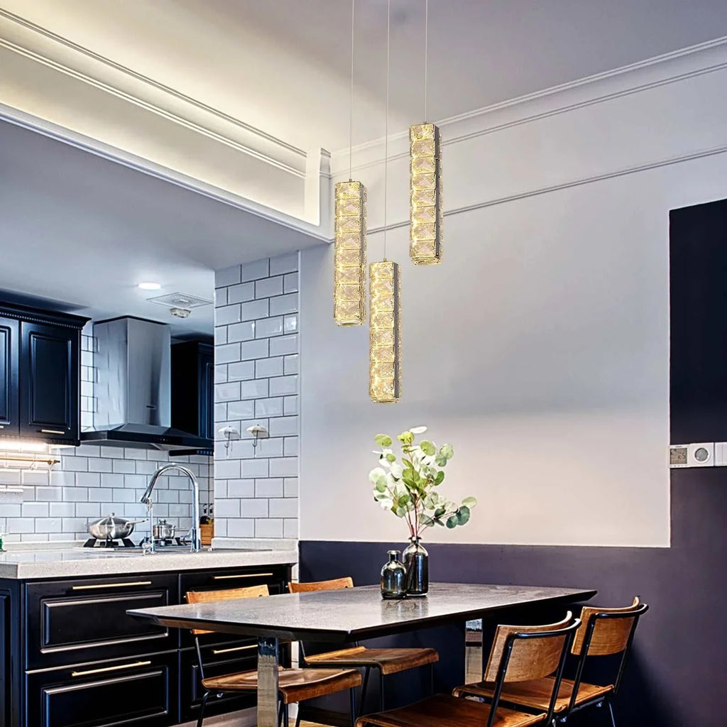 VETRULUS Nordic K9 Crystal Led Chandelier with metal craftsmanship and sparkling crystals hanging over dining table in modern kitchen