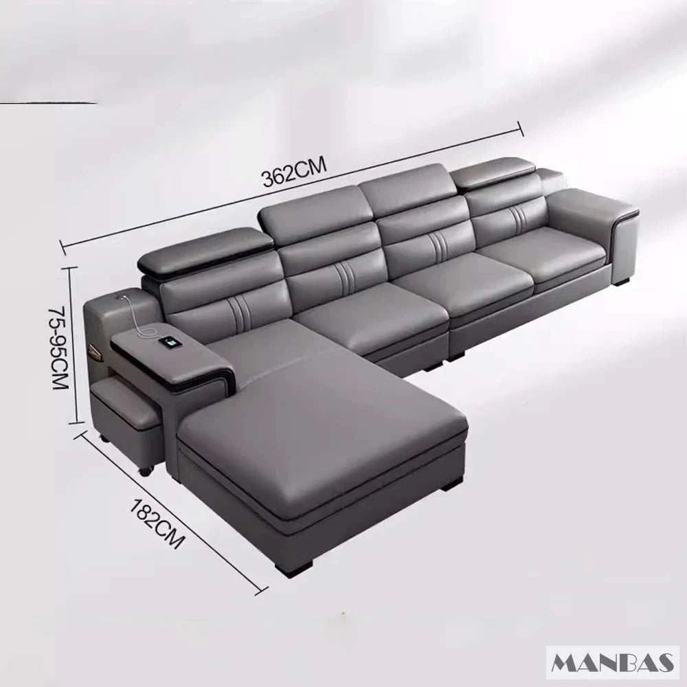 Gray sectional sofa with dimensions on a white background, featuring the MANBAS brand.