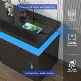 LED TV stand for 85 inch TV with 2 standard AC outlets and 2 USB ports showcasing high-gloss finish.