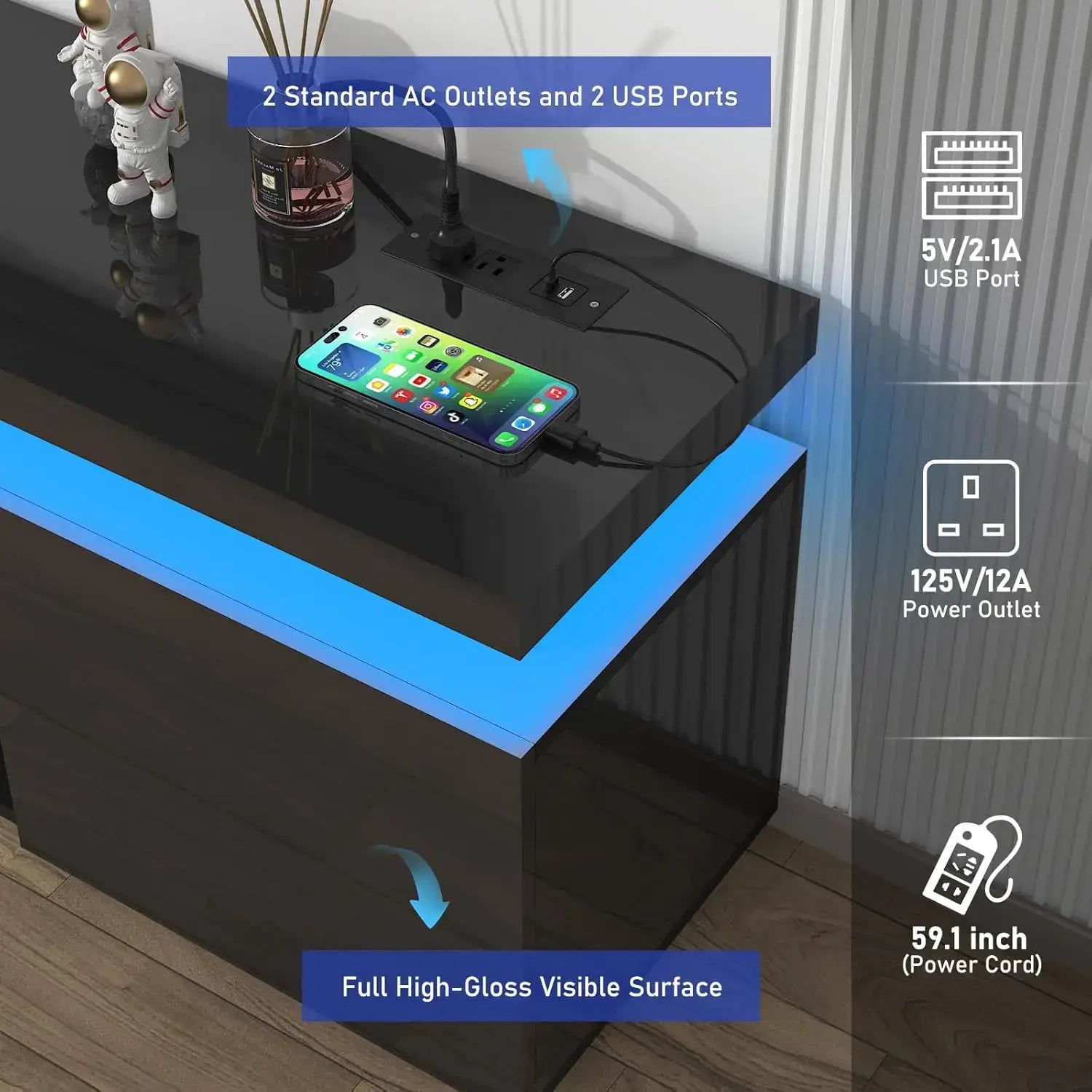 LED TV stand for 85 inch TV with 2 standard AC outlets and 2 USB ports showcasing high-gloss finish.