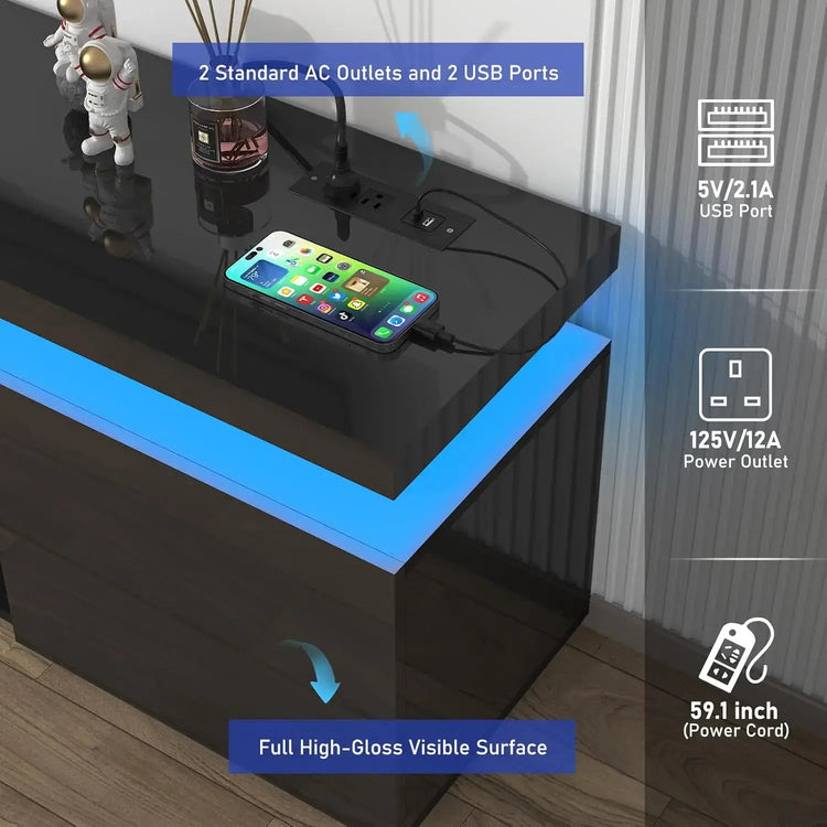 LED TV stand for 85 inch TV with 2 standard AC outlets and 2 USB ports showcasing high-gloss finish.