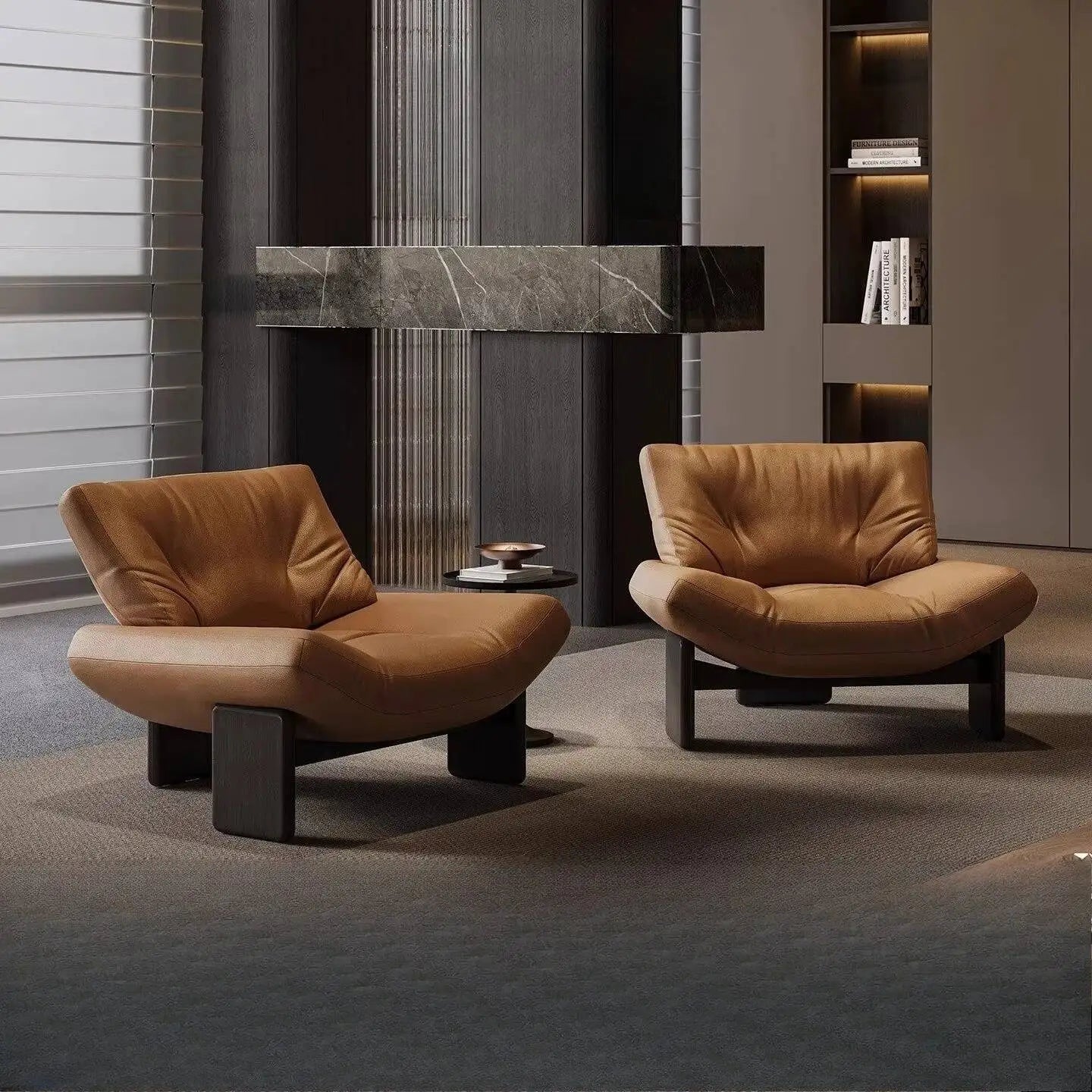 Italian leather single seater sofa chair in a modern living room setting with elegant design.