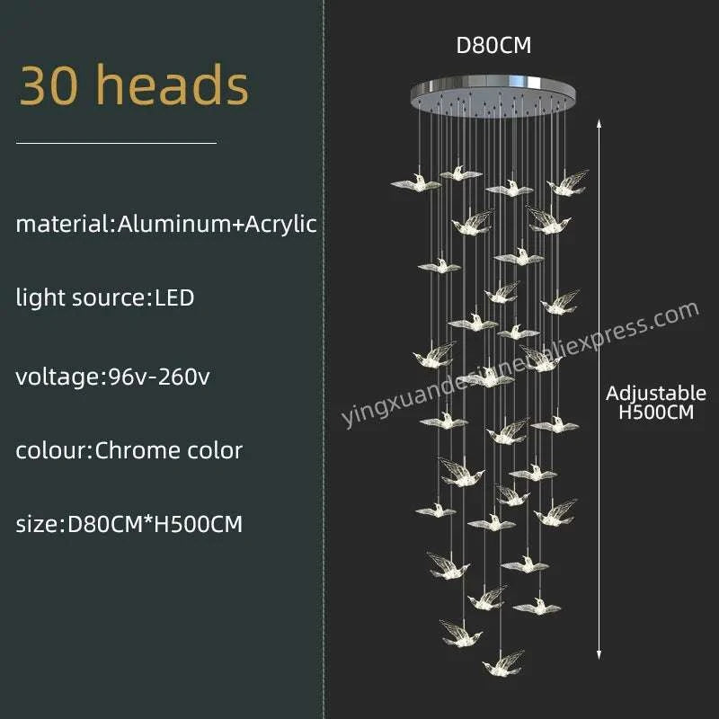 Chandelier with 30 heads, specifications on a dark background