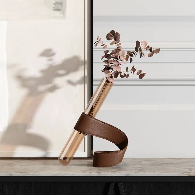 Tubular Glass Vase with Leather Bracket | Nordic Luxury Tabletop Accent