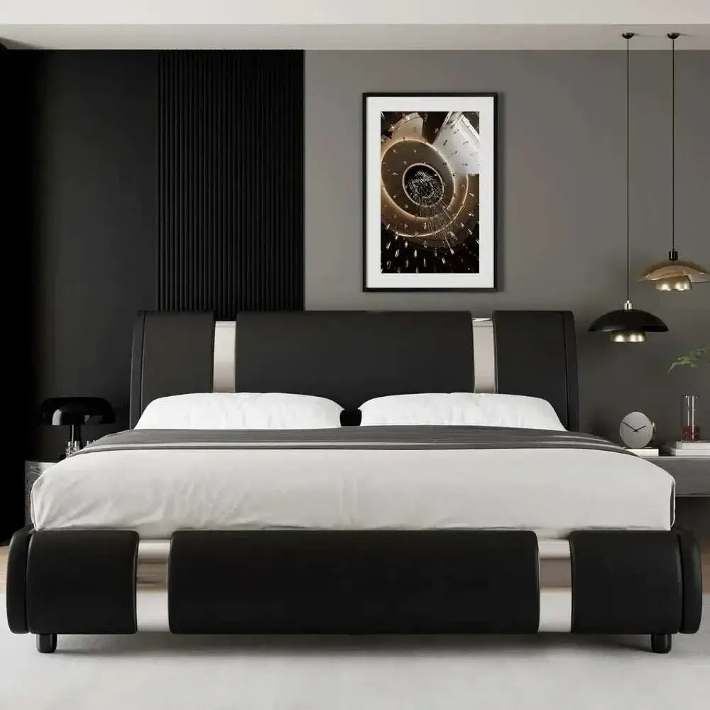 Modern faux leather platform bed frame with curved headboard in contemporary bedroom setting.