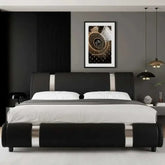 Modern faux leather platform bed frame with curved headboard in contemporary bedroom setting.