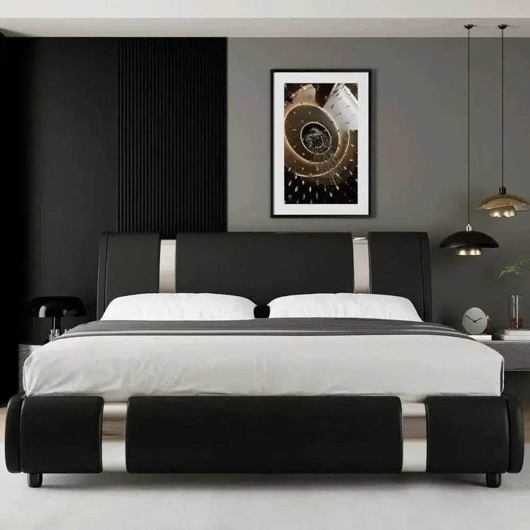 Modern faux leather platform bed frame with curved headboard in contemporary bedroom setting.